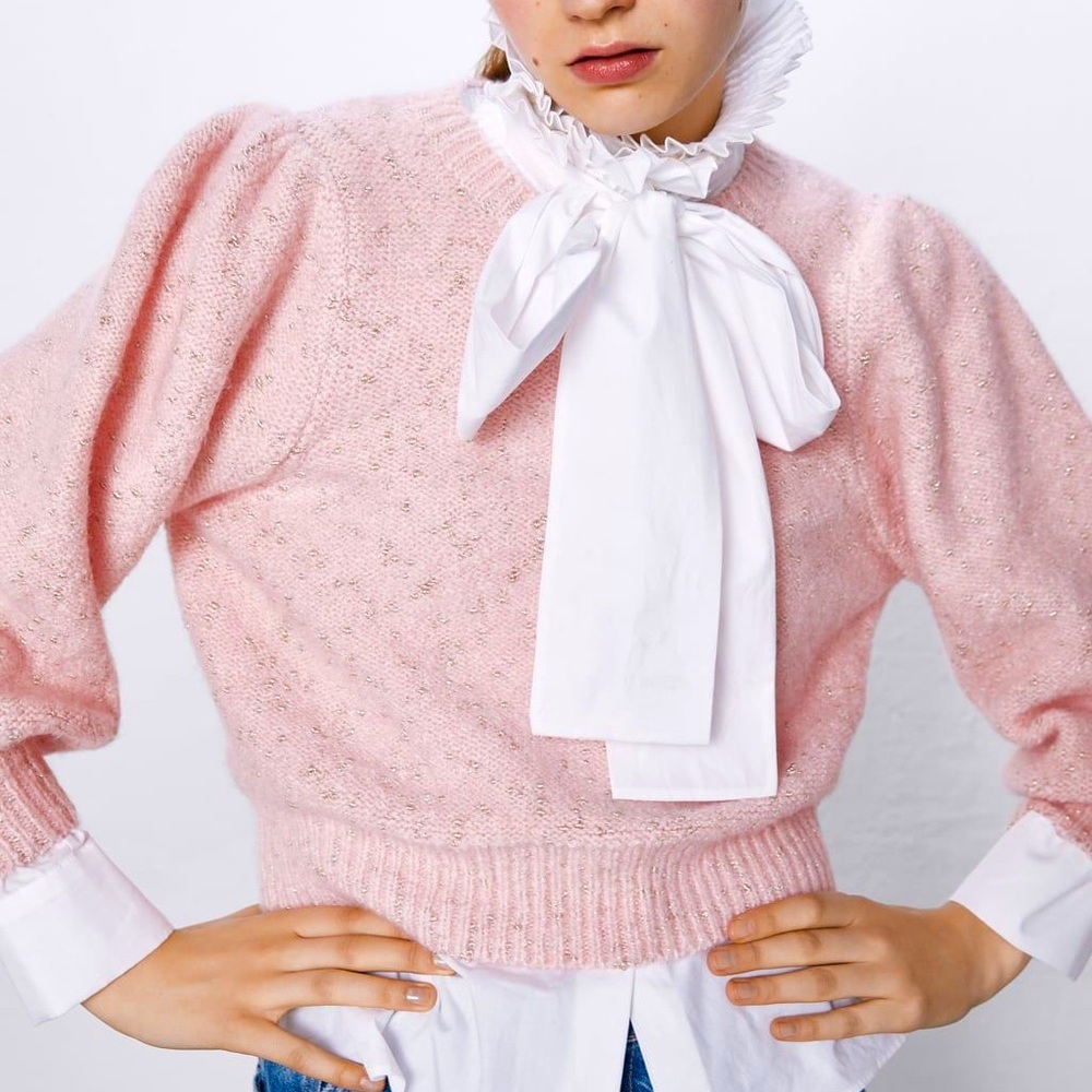 Zara pink and gold puff sleeve sweater